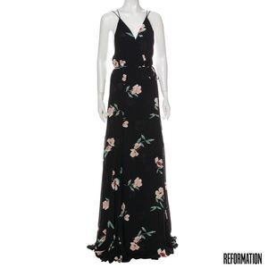 REFORMATION Blk Floral Backless Wrap Maxi Dress